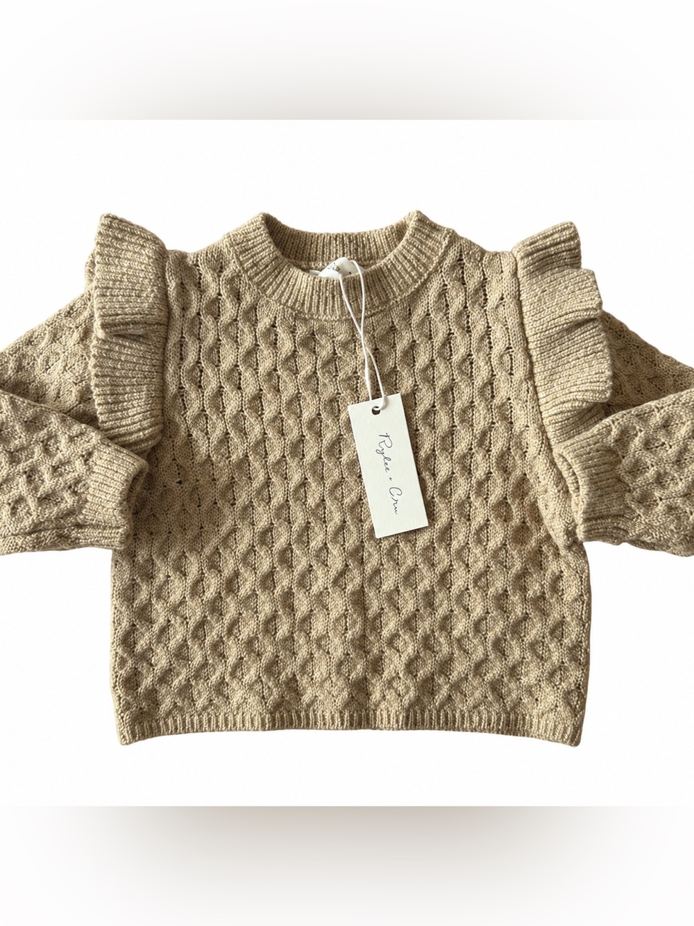 Rylee + Cru Ruffle Openwork Knit Sweater 3-6M NWT Tan Beige